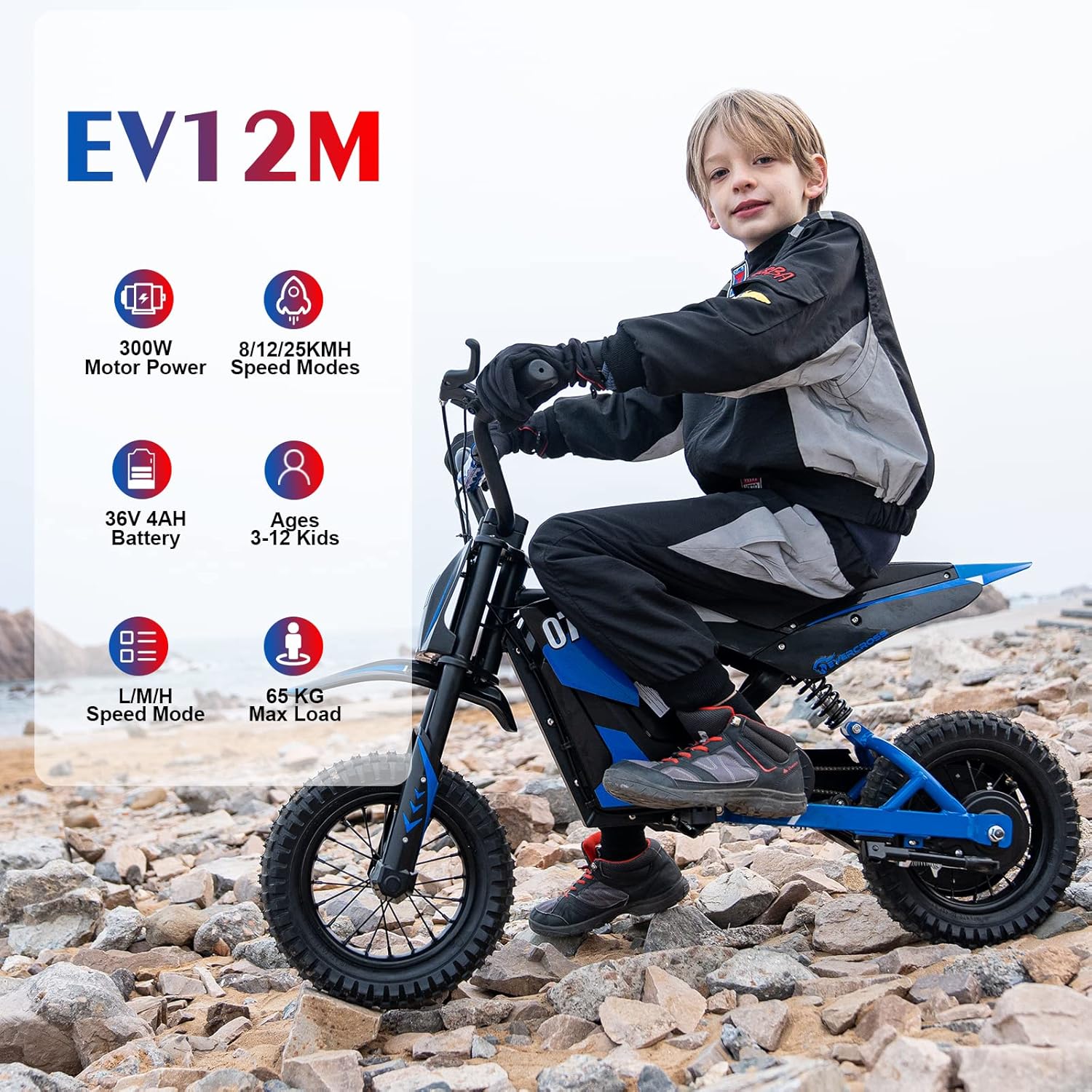 EV12M Motocross Électrique pour Enfants, Moto Électrique avec Moteur 300W, Modes de Vitesse de 3, Autonomie de 15KM, Pneu Pneumatique de 12'', pour Taille 110cm et Plus Bleu EV12M