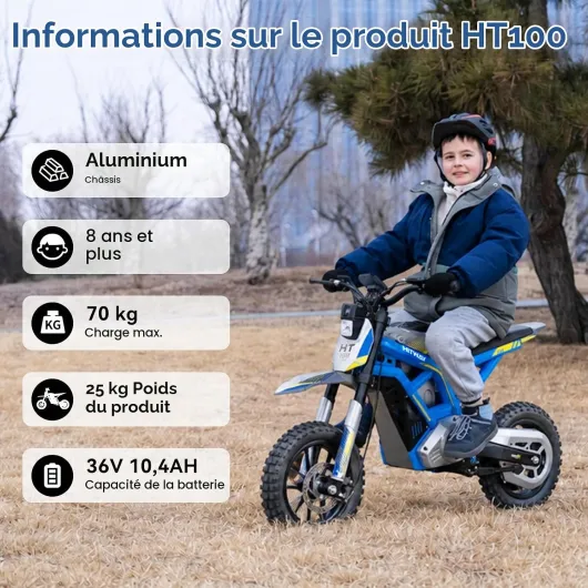 Moto Cross Électrique Enfant 10" - Moteur 400W, Batterie 36V 10.4Ah, 3 Vitesses (10/15/25 km/h), Autonomie 30-45 km, Double Suspension, Pneus Tout-Terrain - Dès 6 Ans (Bleu‑Gris)