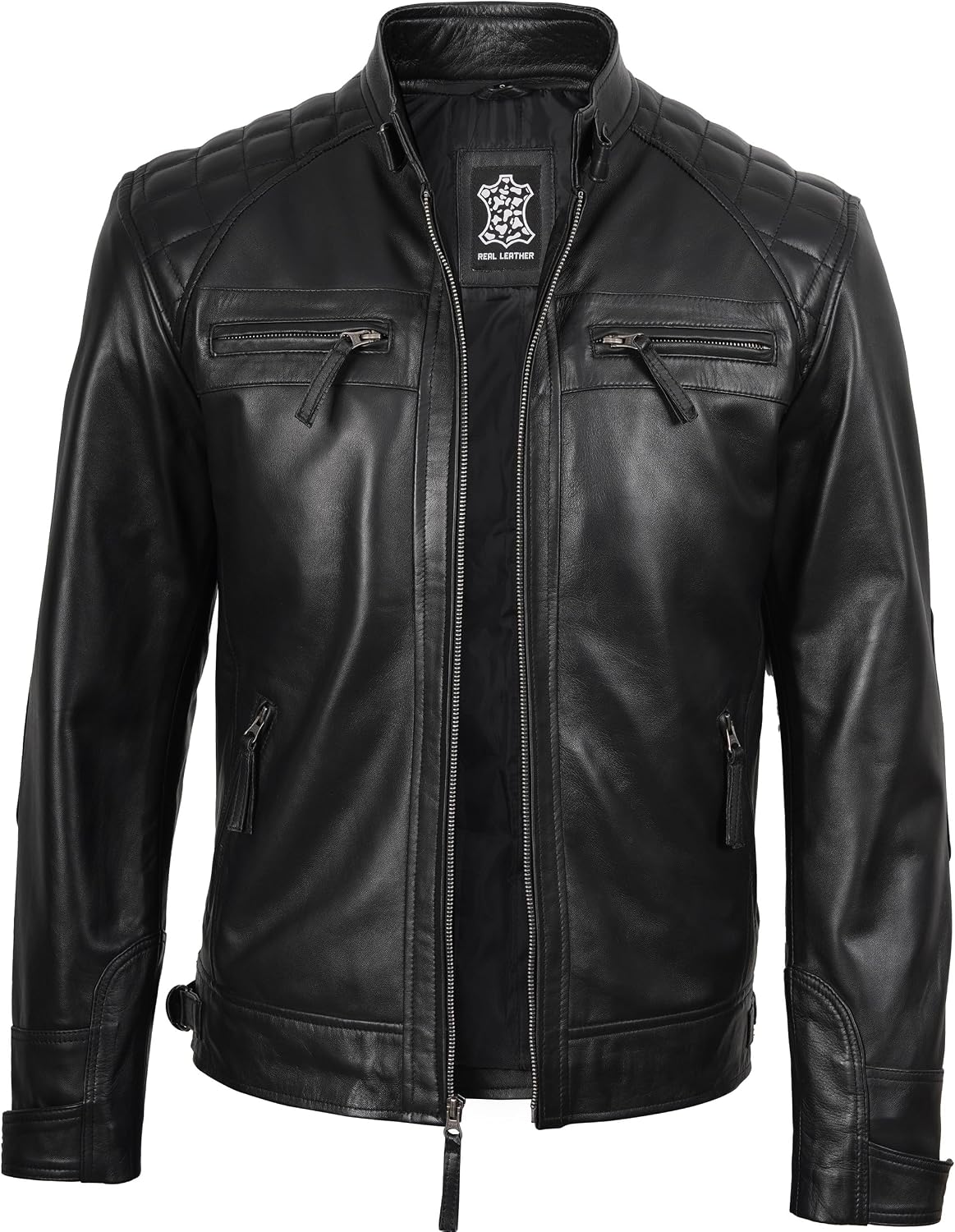 Fjackets Veste de moto en cuir d'agneau véritable matelassé pour homme avec fermeture éclair classique Café Racer XL Noir - Veste en cuir Jhnson
