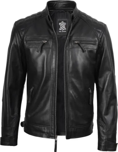 Fjackets Veste de moto en cuir d'agneau véritable matelassé pour homme avec fermeture éclair classique Café Racer XL Noir - Veste en cuir Jhnson