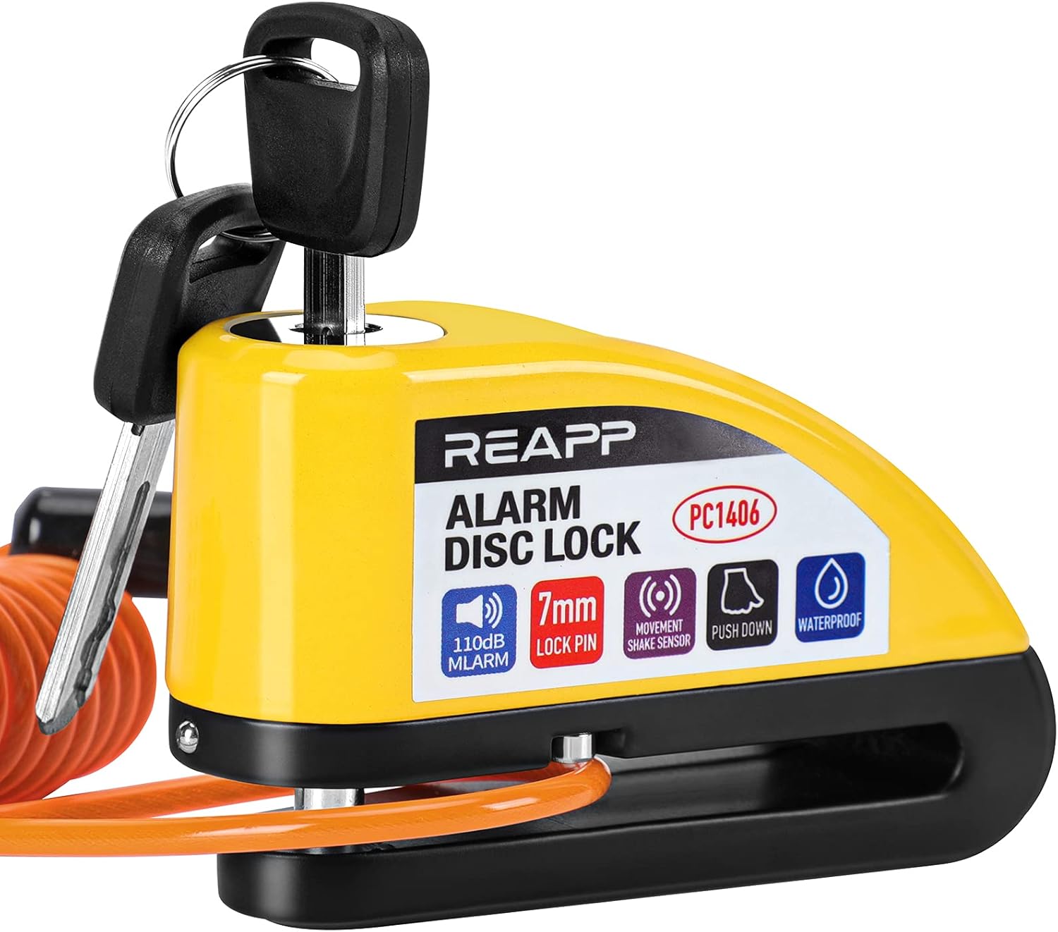 REAPP Antivol Moto, Bloc Disque Alarme 110db, Bloque Disque de Haute Sécurité avec 1.5m Câble Rappel, 6 Piles de Rechange et Sac pour Cadenas, Disc Lock pour Moto, Velo, Vespa, Moped