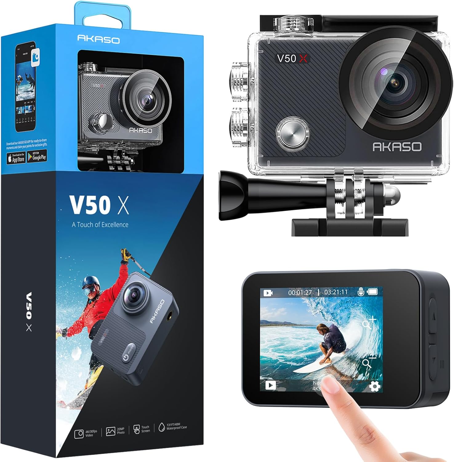 AKASO Caméra Sport 4K Etanche WiFi Action Caméra Sportive Ultra Full HD Stabilisateur avec Télécommande Écran Tactile 30fps Angle Réglable 131 Pieds sous Marine 2 Batteries Kit d'Accessoires – V50X