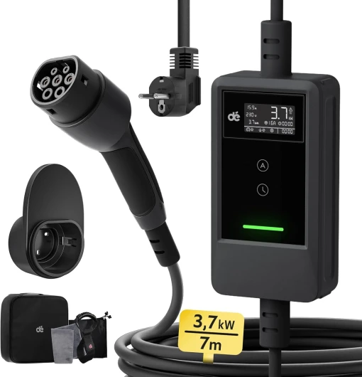 Dé Chargeur Voiture Electrique 3,7kW [7m, 6/8/10/13/16A] Cable Recharge Voiture Electrique Type 2 avec Support Mural, Numérique LCD, Compatible avec E-208, Model Y, E-Tech, 500e et Autres EV/PHEV