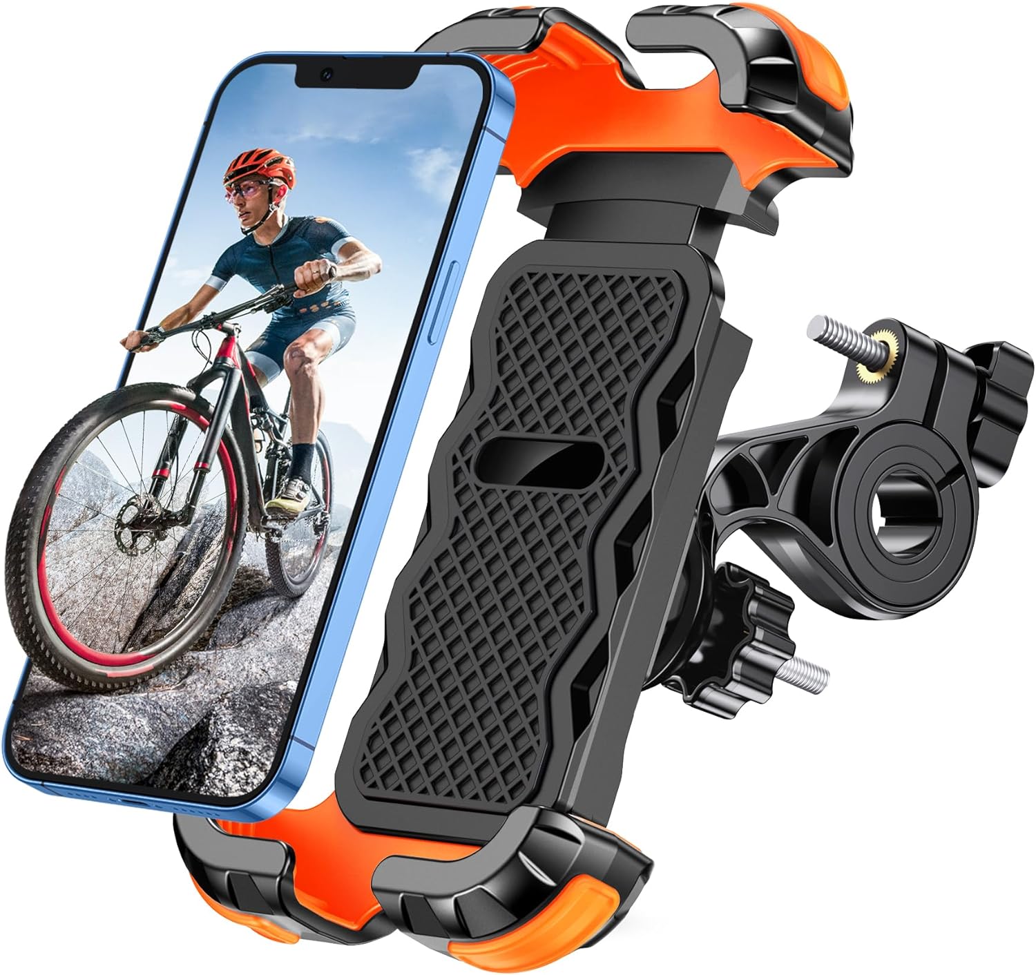 Glangeh Support Telephone Velo [Verrouillage Sécurisé], Installation Rapide Anti-Chute Support Telephone Moto 360° Rotation, Compatible avec iPhone 16 Plus/15 Pro Max, Autres Smartphones de 4.7"-6.8" Orange