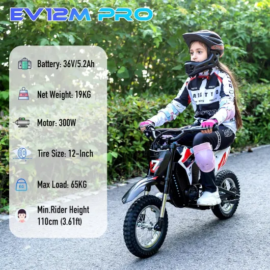 EV12M Pro Moto Electrique Enfants, Moteur 300W, 3 Modes de Vitesse, Autonomie 15 KM, Pneu Pneumatique 12'', Musique Bluetooth, Lumières Colorées, Moto Cross pour Enfants de 3 à 12 Ans Rouge EV12M PRO