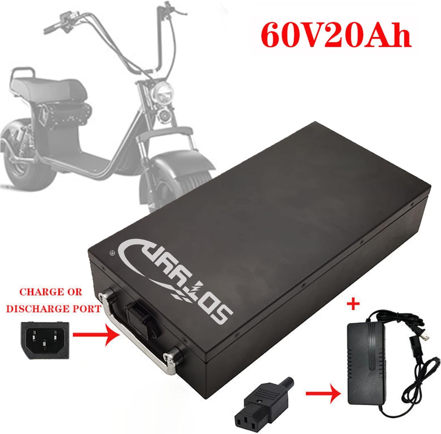 Batterie de Moto électrique pour Citycoco Scooter Batterie de Moto électrique de Grande capacité avec Chargeur, verrou et poignée, 60V, 20AH [Classe énergétique A]