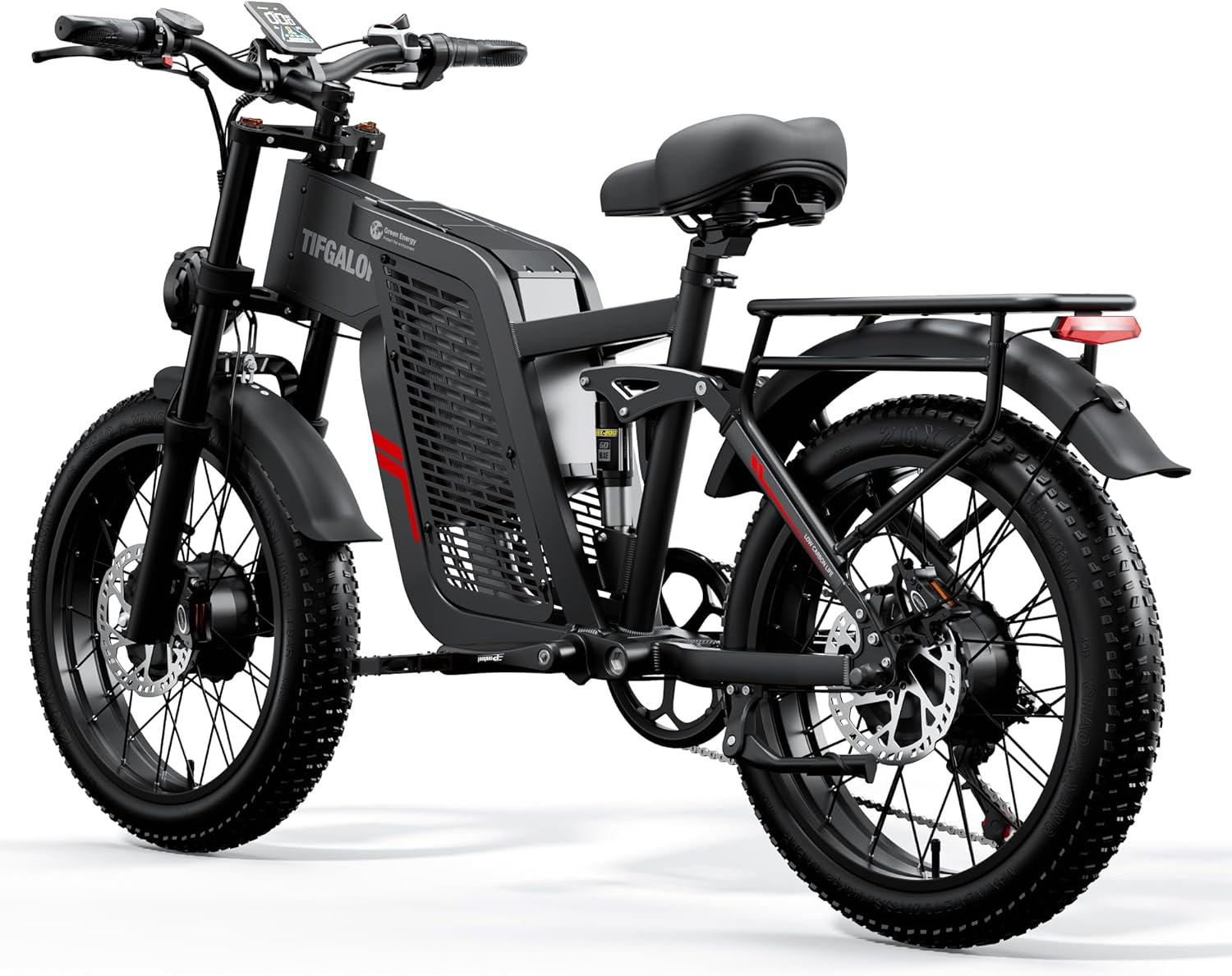 Vélo électrique pour adulte, double moteur, batterie lithium-ion 52V 24Ah, autonomie maximale de 45 à 90 kilomètres, pneus de 20 pouces de large, suspension intégrale, vélo électrique à 7 vitesses.