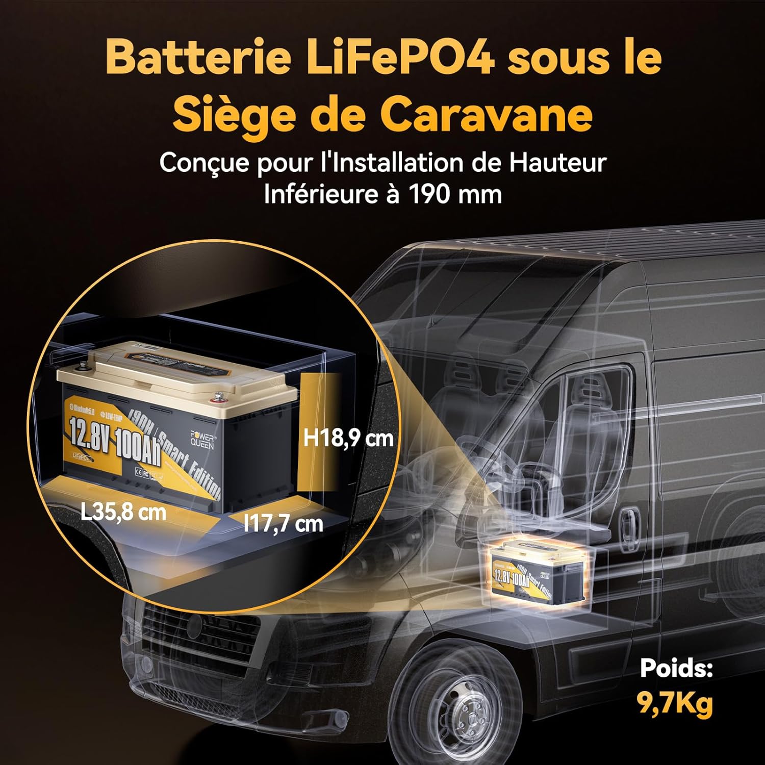 12V 100Ah H190 Bluetooth Batterie Lithium, Protection Contre les Basses Températures, BMS Smart 100A, 15000 Cycles, DIN H8 L5 Groupe 49 Taille, Convient sous les sièges de Caravane 12V 100Ah RV190 Bluetooth