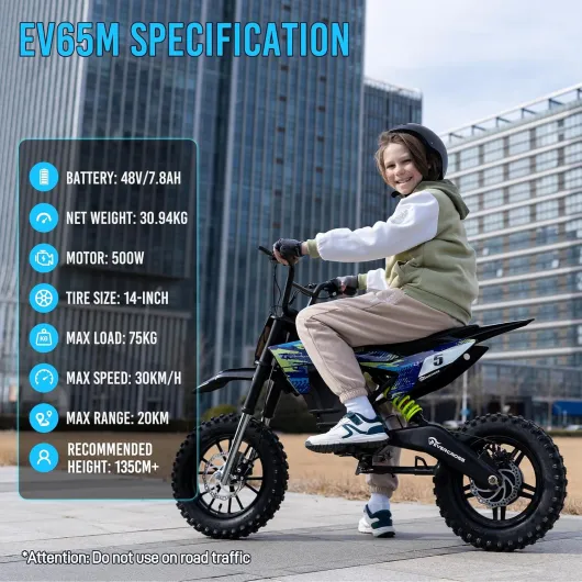 EV65M Moto Électrique, Motocross Électrique avec Moteur 500W, 48V 7.8Ah Moto de Cross Électrique, 3 Modes de Vitesse 10/20/30 KMH, Autonomie 20 KM, Pneu Pneumatique 14''