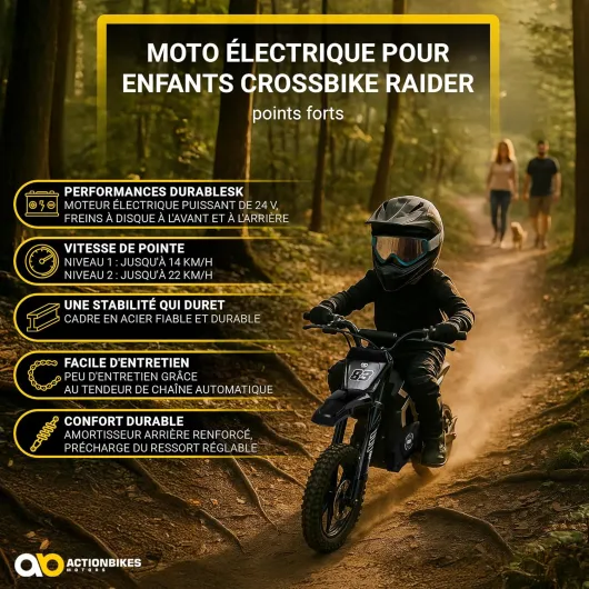 Actionbikes Motors Moto Électrique Enfant - 24 Volts 250 Watts Jusqu’à 22 km/h - E-Bike - Pocket Bike - Moto Cross - Mini (Noir)
