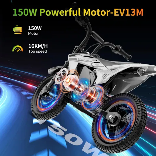 EV13M Moto Electrique pour Enfants avec Pneus Larges de 12 Pouces, Mode de Vitesse 8/16KM/H et Portée 12KM, Système de Freinage à Disque pour Les Enfants de 3 à 7 Ans 13m Argent