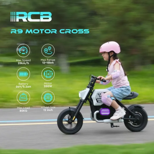 R9 Moto Electrique pour Enfant avec Haut-pareur, Modes de Vitesse 10/15/25 KMH & Autonomie 15 KM, Lamps D'ambiance, 12" Moto Cross pour Enfants de 6+ Blanc