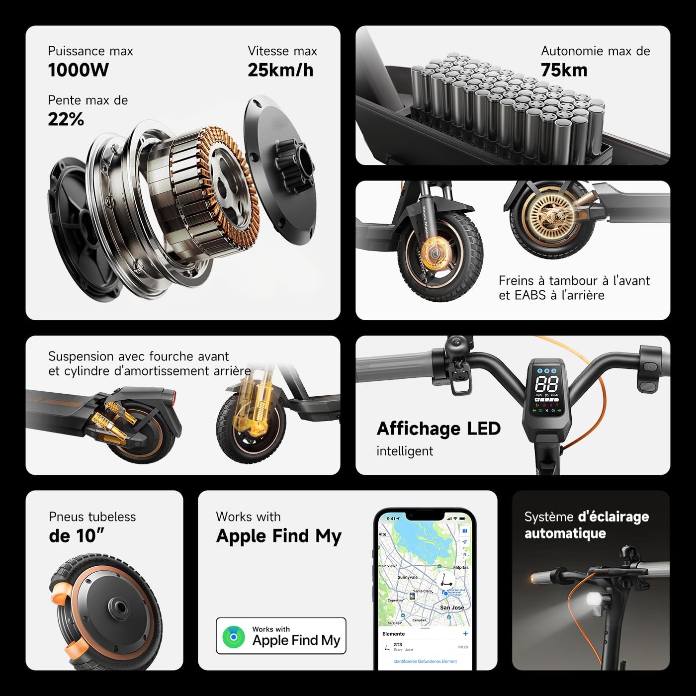 GT3 Série Trottinette Electrique Adulte 50km/60km/75km Autonomie 25km/h Max, Moteur 700W/1000W, Pneus 10" Tubeless, IPX5, Verrouillage Bluetooth, TCS, Apple Find My Trottinette Électrique GT3 Max- 75km