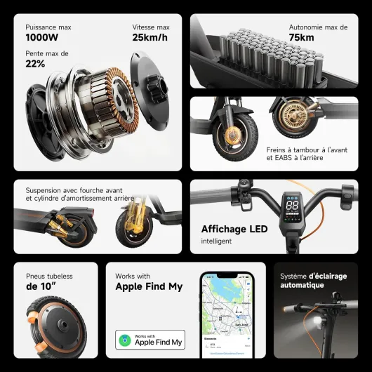 GT3 Série Trottinette Electrique Adulte 50km/60km/75km Autonomie 25km/h Max, Moteur 700W/1000W, Pneus 10" Tubeless, IPX5, Verrouillage Bluetooth, TCS, Apple Find My Trottinette Électrique GT3 Max- 75km