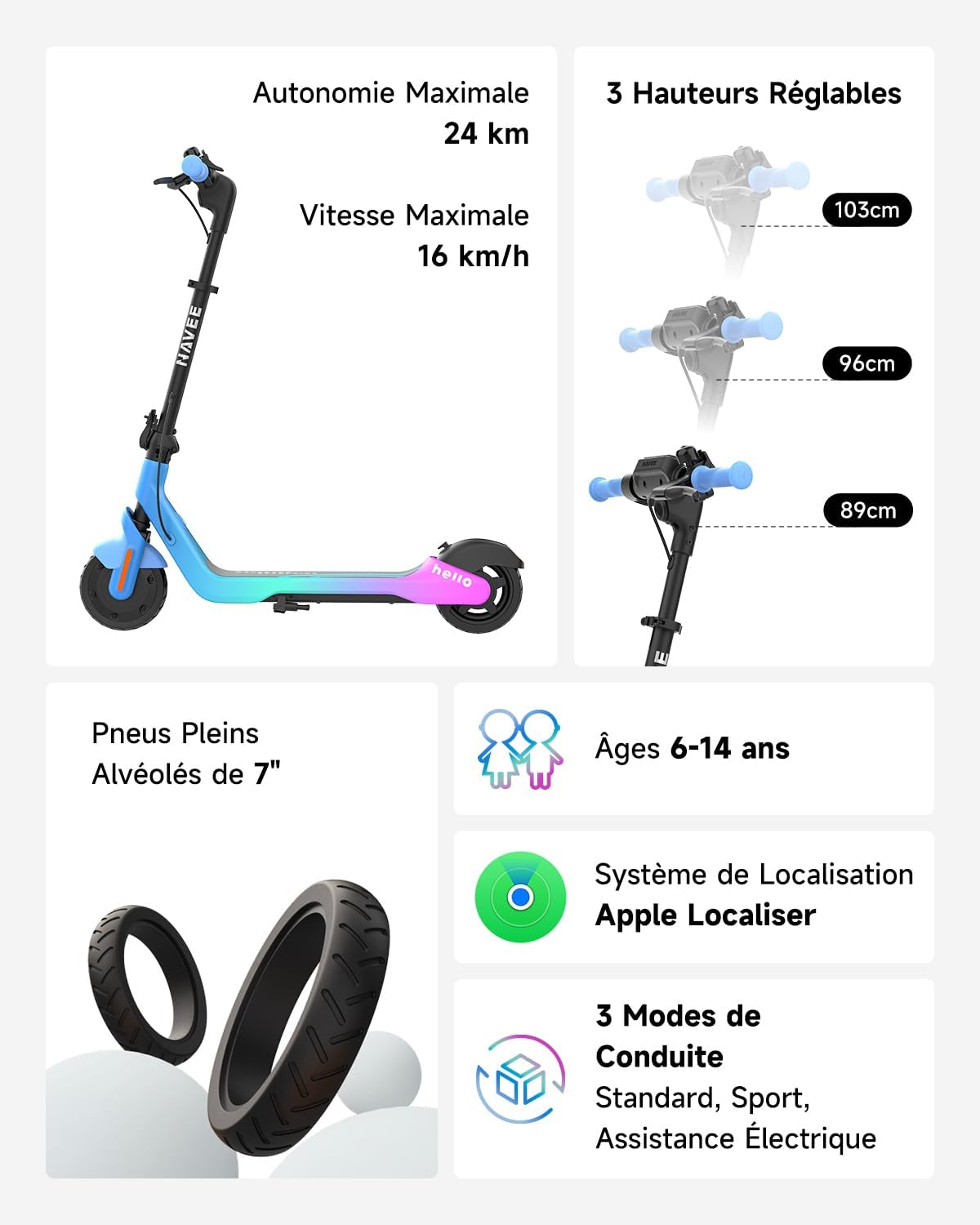 K100 Max Trottinette Electrique Enfant, Contrôle Parental par APP, Autonomie 24km, 16km/h, Lumières Ambiantes RGB, Pneus 7", Pliable & Légère, Charge 50kg, 3 Hauteurs Réglables, 6-14 Ans