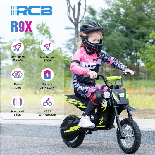R9X Moto Électrique Enfants, pneus pneumatiques 12 Pouces,Moteur performant, 3 Modes 8/12/25KMH, autonomie Max 17KM,Batterie 36V/5.2 Ah, vélo Moto Cross pour Enfants Noir Vert
