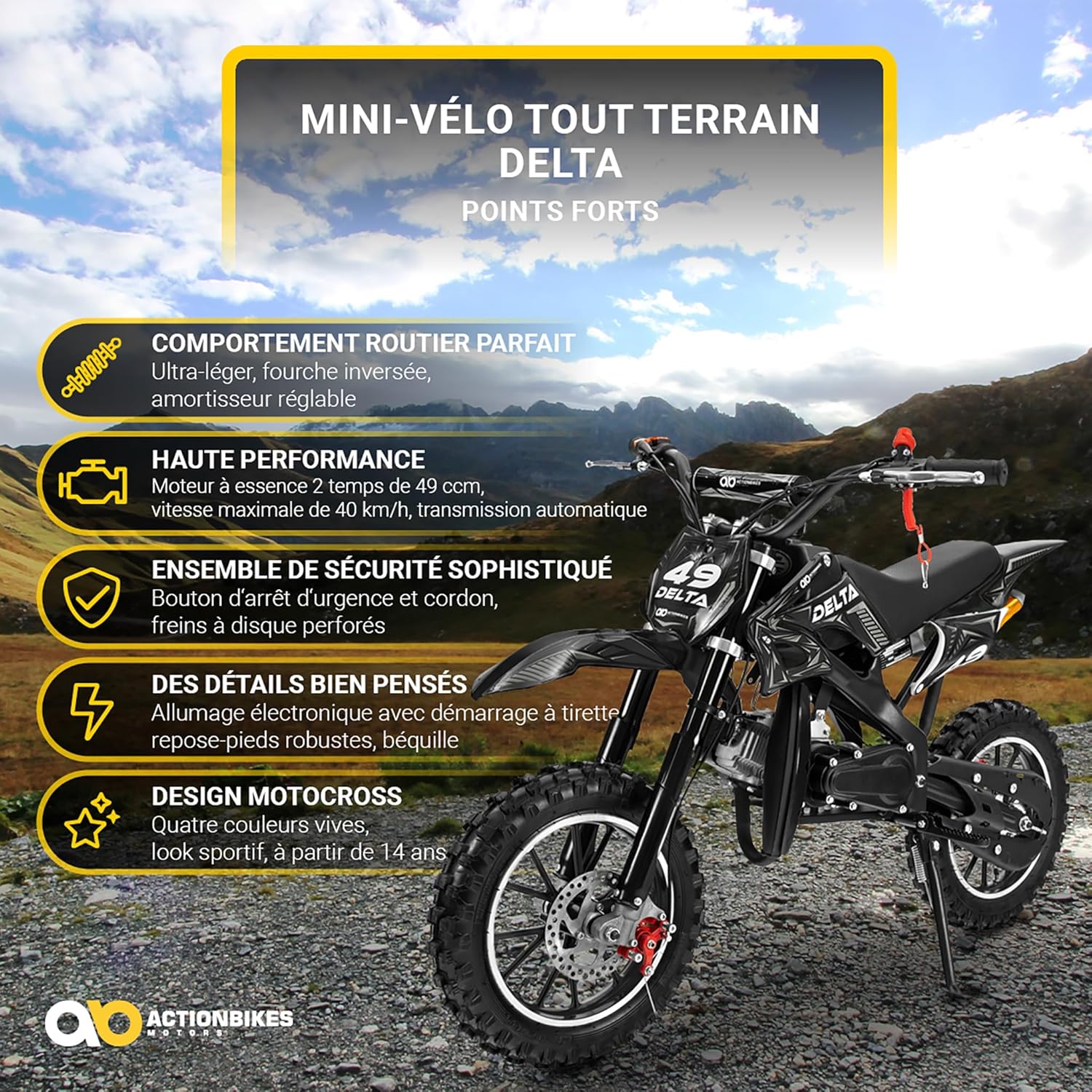Actionbikes Motors Mini Delta 49 CC Moto-Cross pour Enfants - Freins à Disque - Filtre à air Sport - Échappement Sport - Pneus à air - Pocket Bike - Moto - Motocross - Dirt Bike - Dirtbike (Noir)