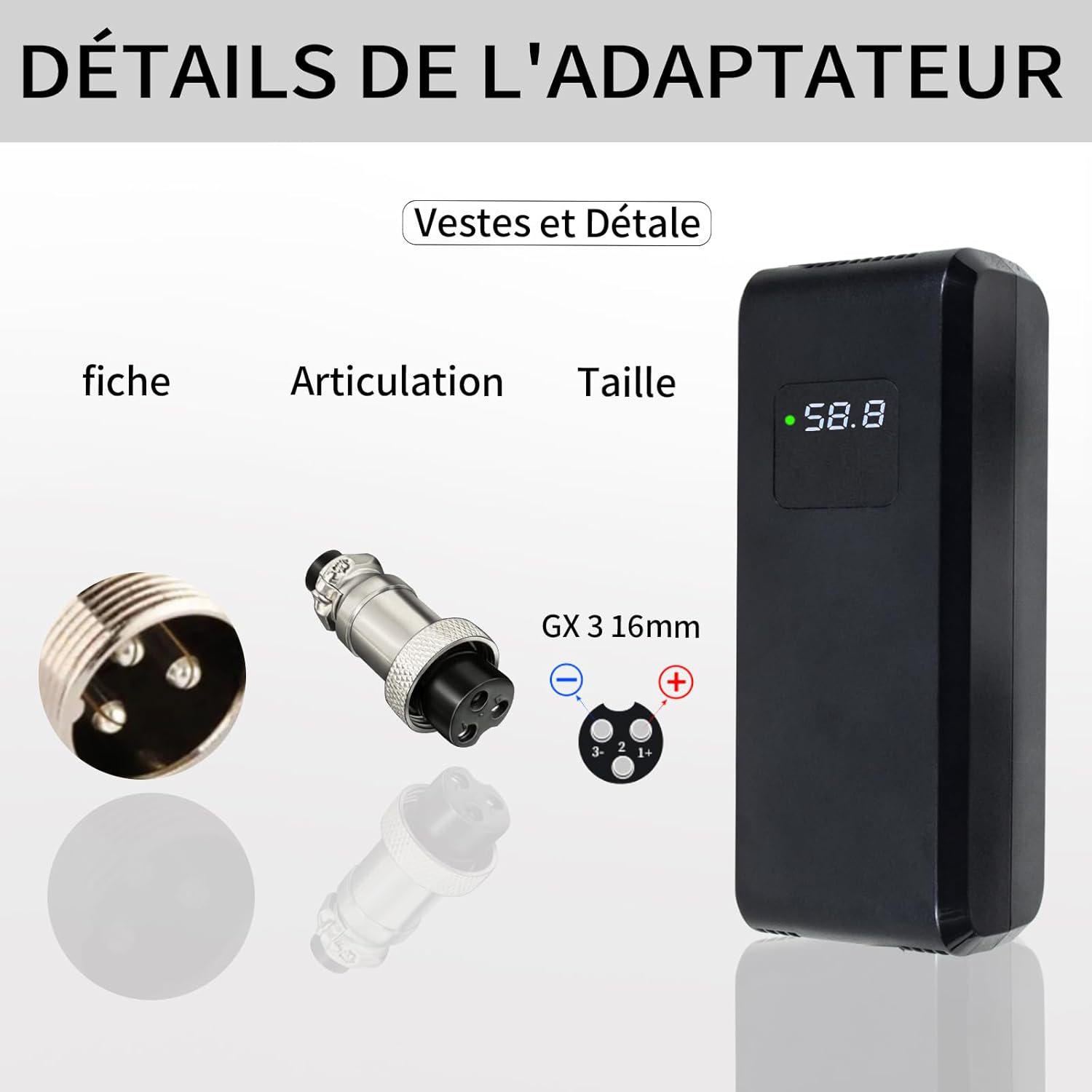 Chargeur Batterie 58.8V 4A, pour Batterie Lithium 52V 48V, avec Affichage LED et Multiples Fonctions de Protection et de réparation, équipé de connecteurs GX16 12mm YZ270