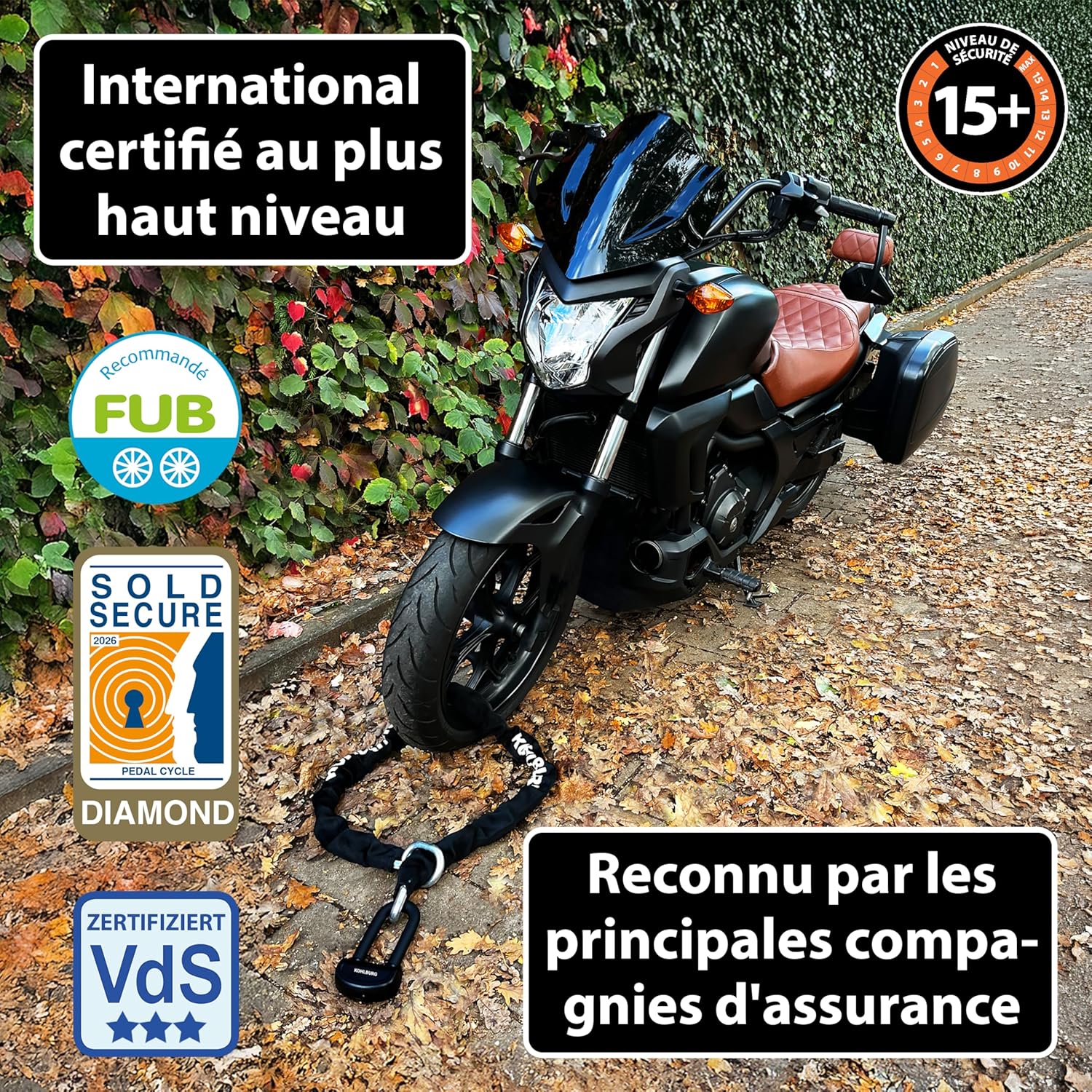 KOHLBURG chaîne antivol massive pour moto 6 kg, 150 cm de long avec notre niveau de sécurité le plus élevé 15+ sur 15 – chaîne en acier de 13 mm très robuste comme antivol pour moto, scooter, e-bike