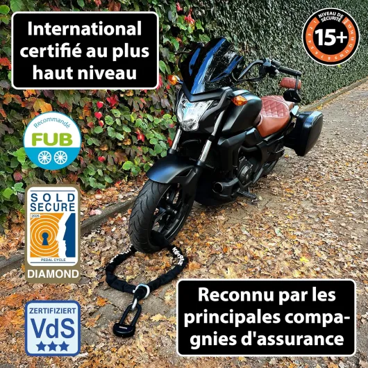 KOHLBURG chaîne antivol massive pour moto 6 kg, 150 cm de long avec notre niveau de sécurité le plus élevé 15+ sur 15 – chaîne en acier de 13 mm très robuste comme antivol pour moto, scooter, e-bike