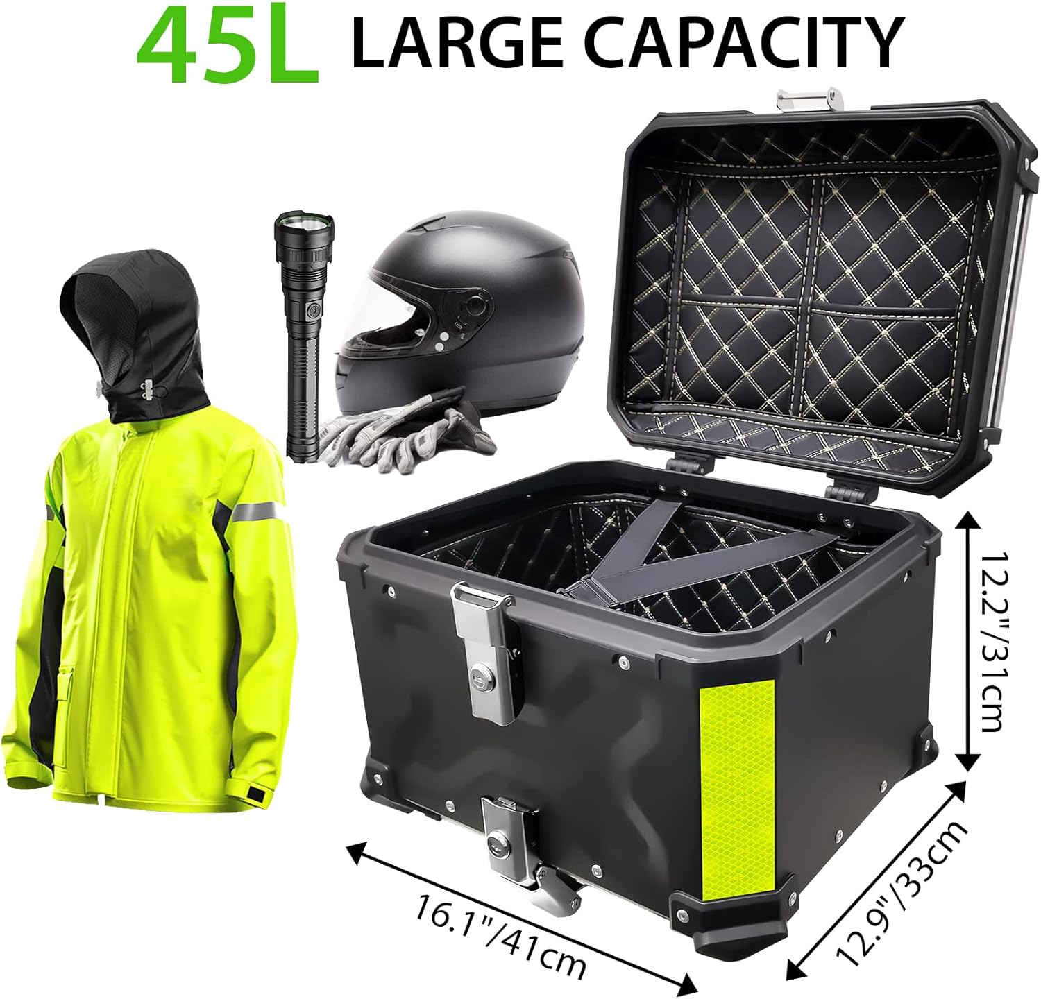Top Case Moto, 45L Alliage d'aluminium Coffre Moto, étanche Anti-poussière et Antivol, Coffre à Bagages pour Rangement Casques, Top Case Scooter avec Dossier et Plaque de Base (Noir) 01-45l-noir