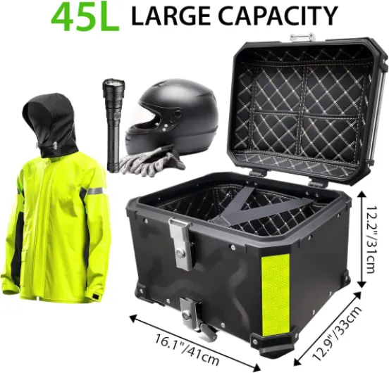 Top Case Moto, 45L Alliage d'aluminium Coffre Moto, étanche Anti-poussière et Antivol, Coffre à Bagages pour Rangement Casques, Top Case Scooter avec Dossier et Plaque de Base (Noir) 01-45l-noir