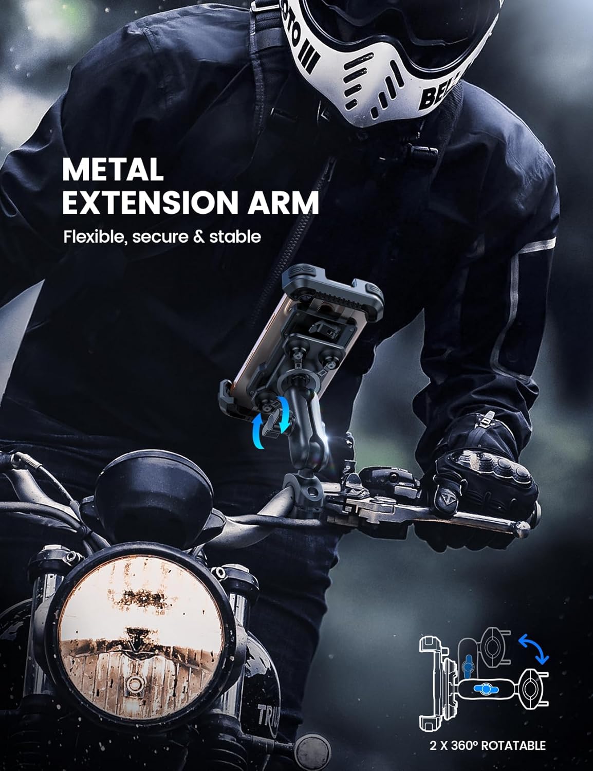 Support Téléphone Moto - [Antivol] [Double Anti-Vibration] Bras Extension Métal, Support Téléphone Vélo, 2 x 360° Pivotant Support pour Guidon, pour iPhone 17 16 15 14 et 4,7-6,8" Smartphone Noir