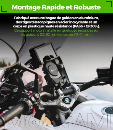 Support Telephone Moto Antivibration Antivol Ultra Résistant Compatible Smartphones Ruggerisés 5.4 à 7.2 Pouces Fixation Sécurisée Guidon pour Trail Adventure Enduro Touring Trail Lock