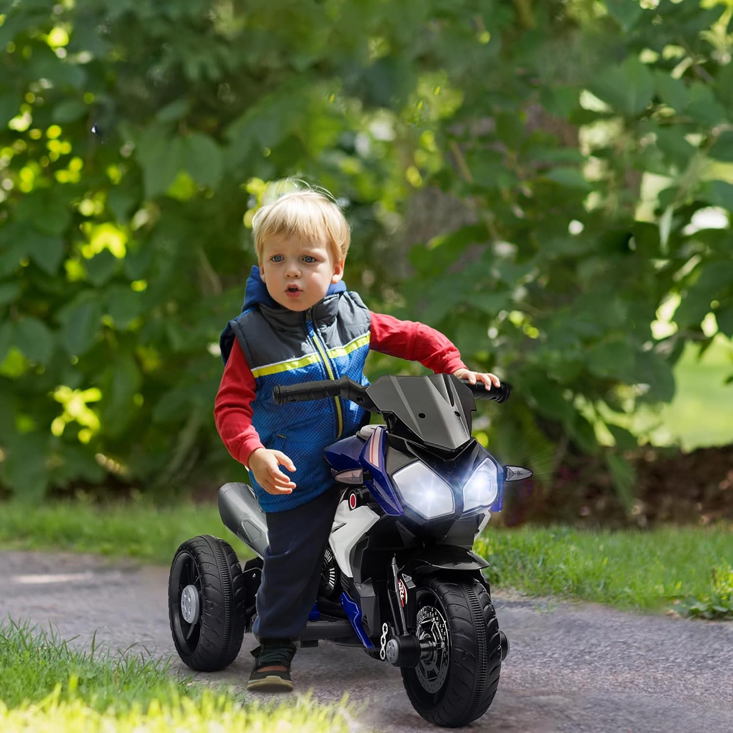 Moto électrique Enfants 3 Roues 6 V, Voiture électrique Enfants avec Effets Lumineux et sonores, Vitesse Max - 3 km/h, pour 3 à 5 Ans, Charge Max - 25 kg, Noir et Bleu