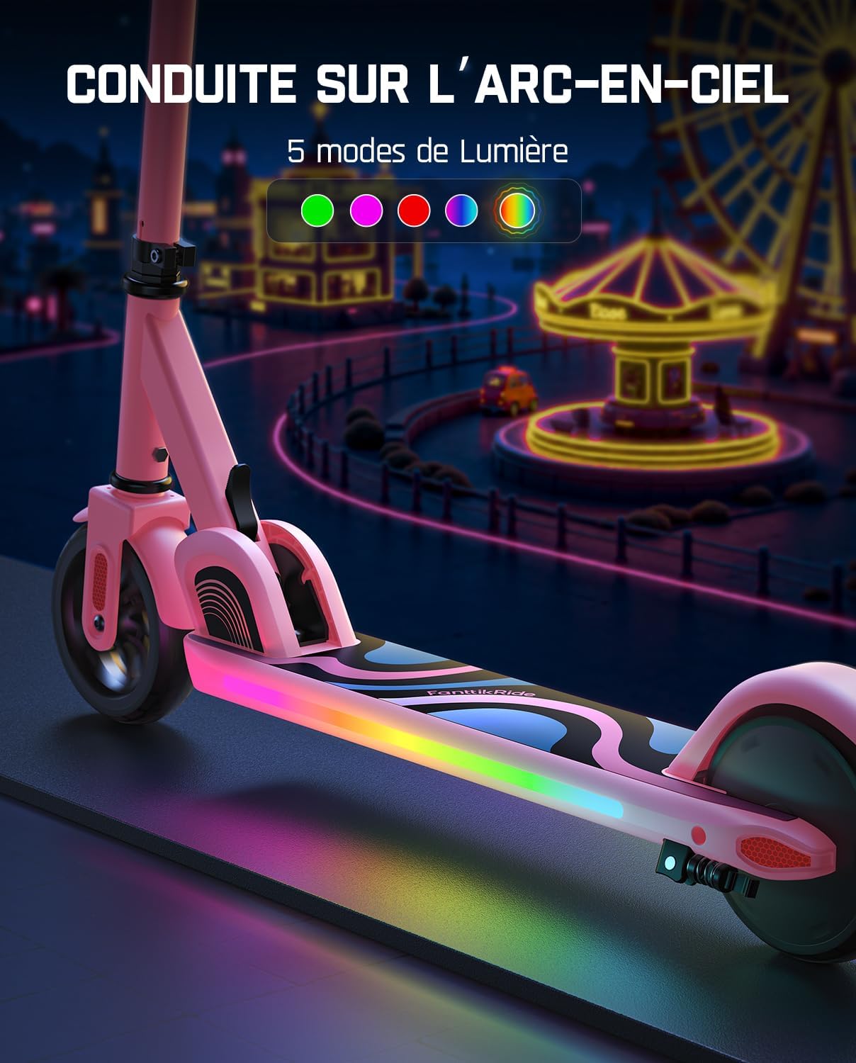 C9 Pro Trottinette Électrique Enfant 1,2-1,6 m, Lumières Arc-en-Ciel, Vitesses 8/13/16 km/h, Autonomie 8 km, Écran LED, Hauteur Réglable, Pliable, Charge maximale 60 kg Rose