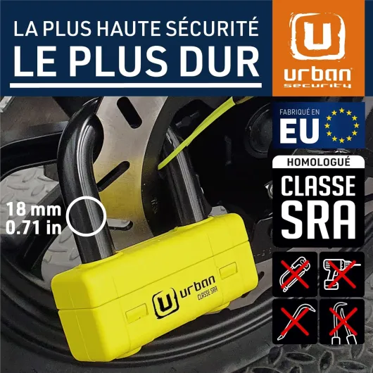 UR75 Antivol Moto Homologué SRA, Sécurité Maximale Testée, Bloque Disque Mini U ø18 Acier Trempé Double Verrouillage, Plus Polyvalent et Dissuasif, Cadenas Bloc Anti Vol Scooter Vélo Electrique 2022