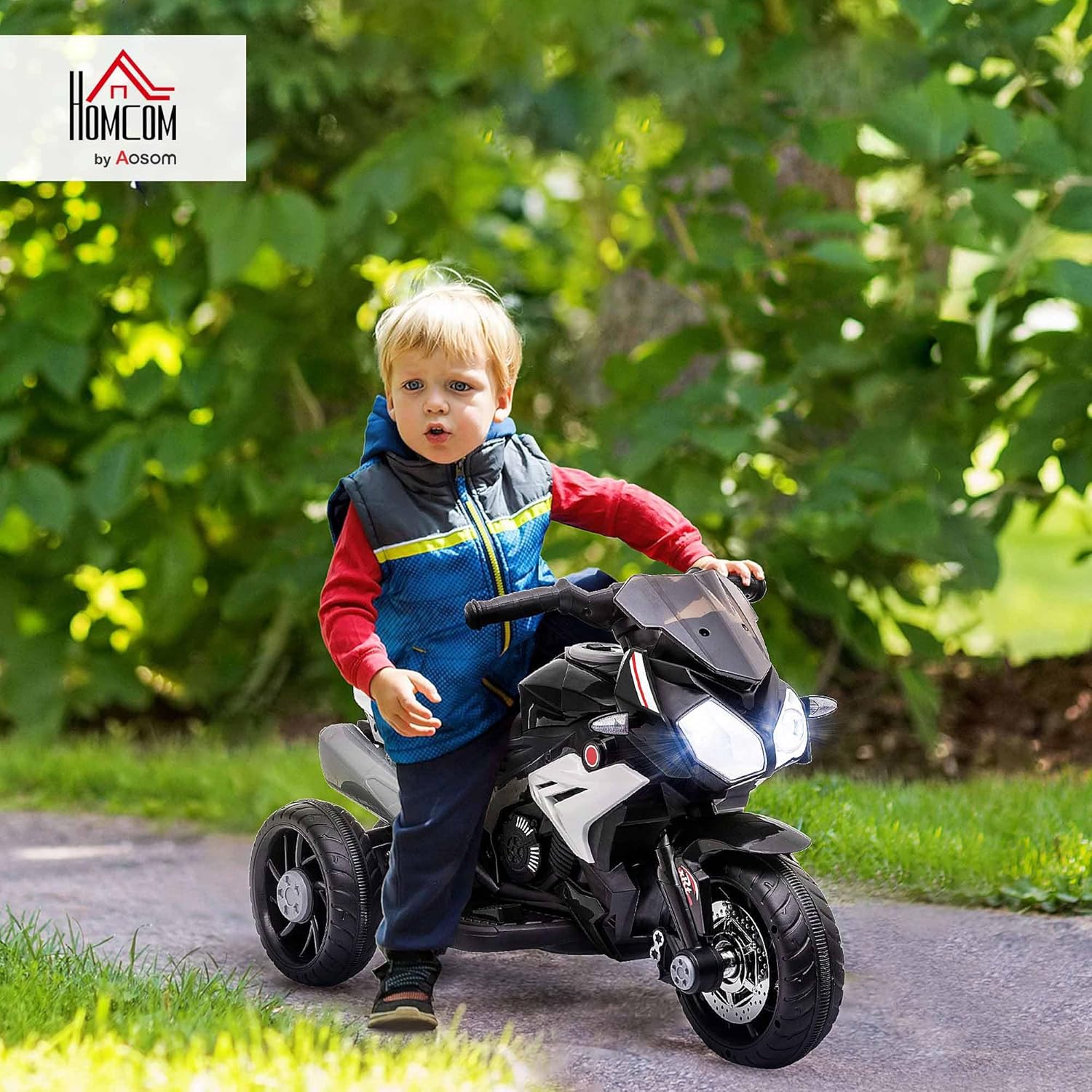 Moto électrique Enfants 3 Roues 6 V, Voiture électrique Enfants avec Effets Lumineux et sonores, Vitesse 3 km/h, pour 3 à 5 Ans, Charge 25 kg, Noir et Blanc