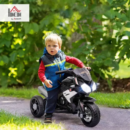 Moto électrique Enfants 3 Roues 6 V, Voiture électrique Enfants avec Effets Lumineux et sonores, Vitesse 3 km/h, pour 3 à 5 Ans, Charge 25 kg, Noir et Blanc