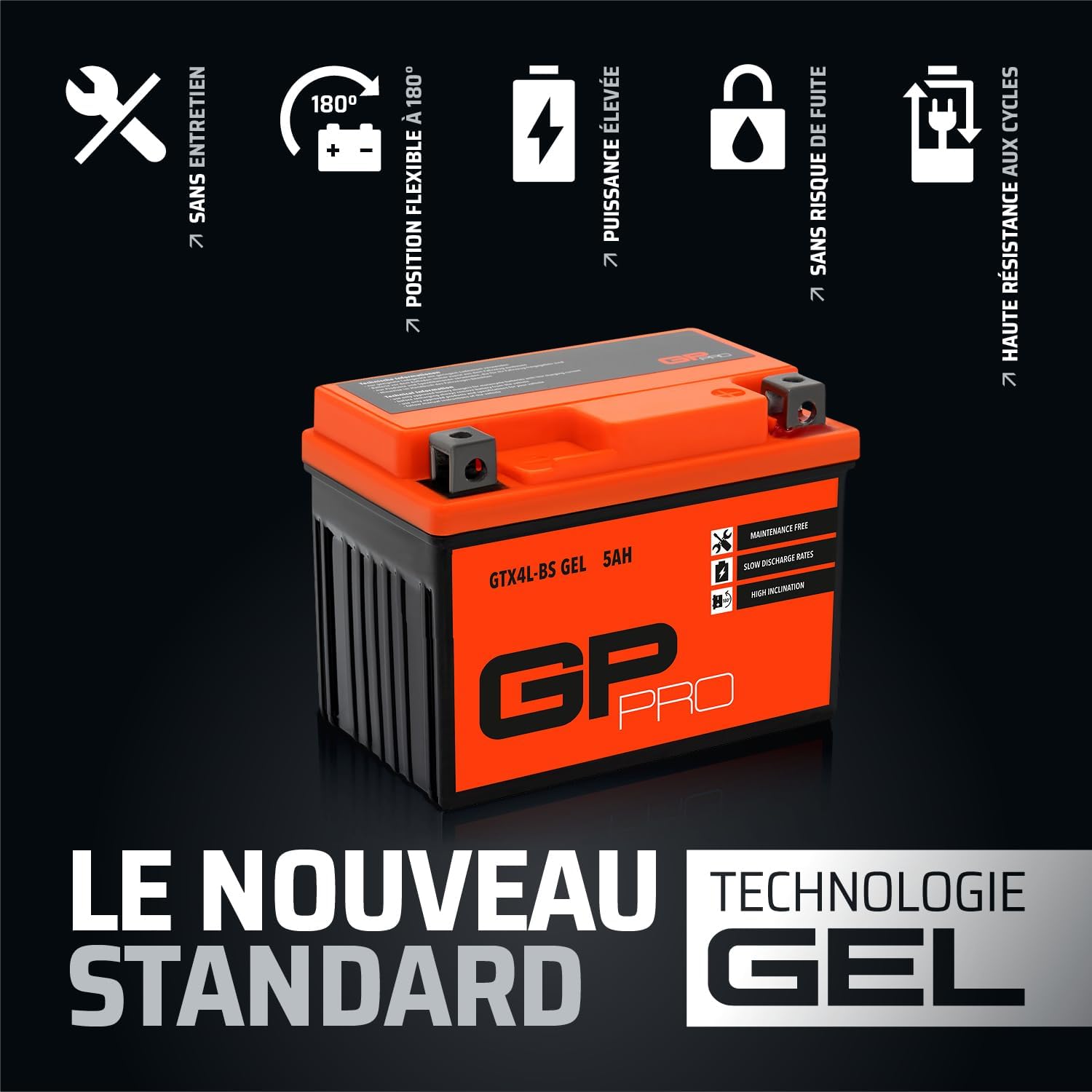 GP-PRO GTX4L-BS 12V 5Ah GEL Batterie de démarrage (semblable à YTX5L-BS / YTX4L-BS) (Sans entretien / Scellé) Scooter Accumulateur 5Ah - compatible avec YB4L-B