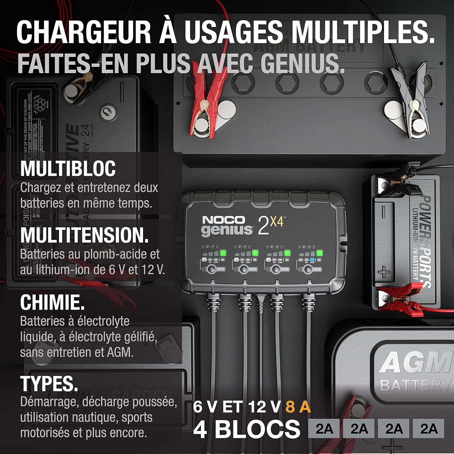GENIUS2X4 : Chargeur de Batterie Intelligent 8A 6V/12V (4 Bancs de 2A) – Maintien Automatique, Charge Lente & Désulfateur – Protection Surcharge & Compensation Thermique – Plomb & Lithium