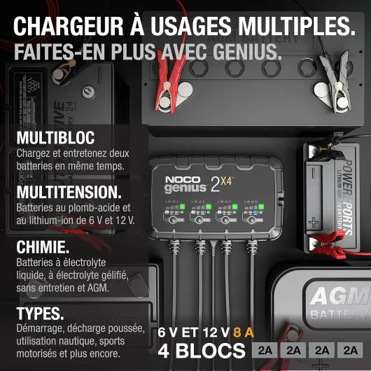 GENIUS2X4 : Chargeur de Batterie Intelligent 8A 6V/12V (4 Bancs de 2A) – Maintien Automatique, Charge Lente & Désulfateur – Protection Surcharge & Compensation Thermique – Plomb & Lithium