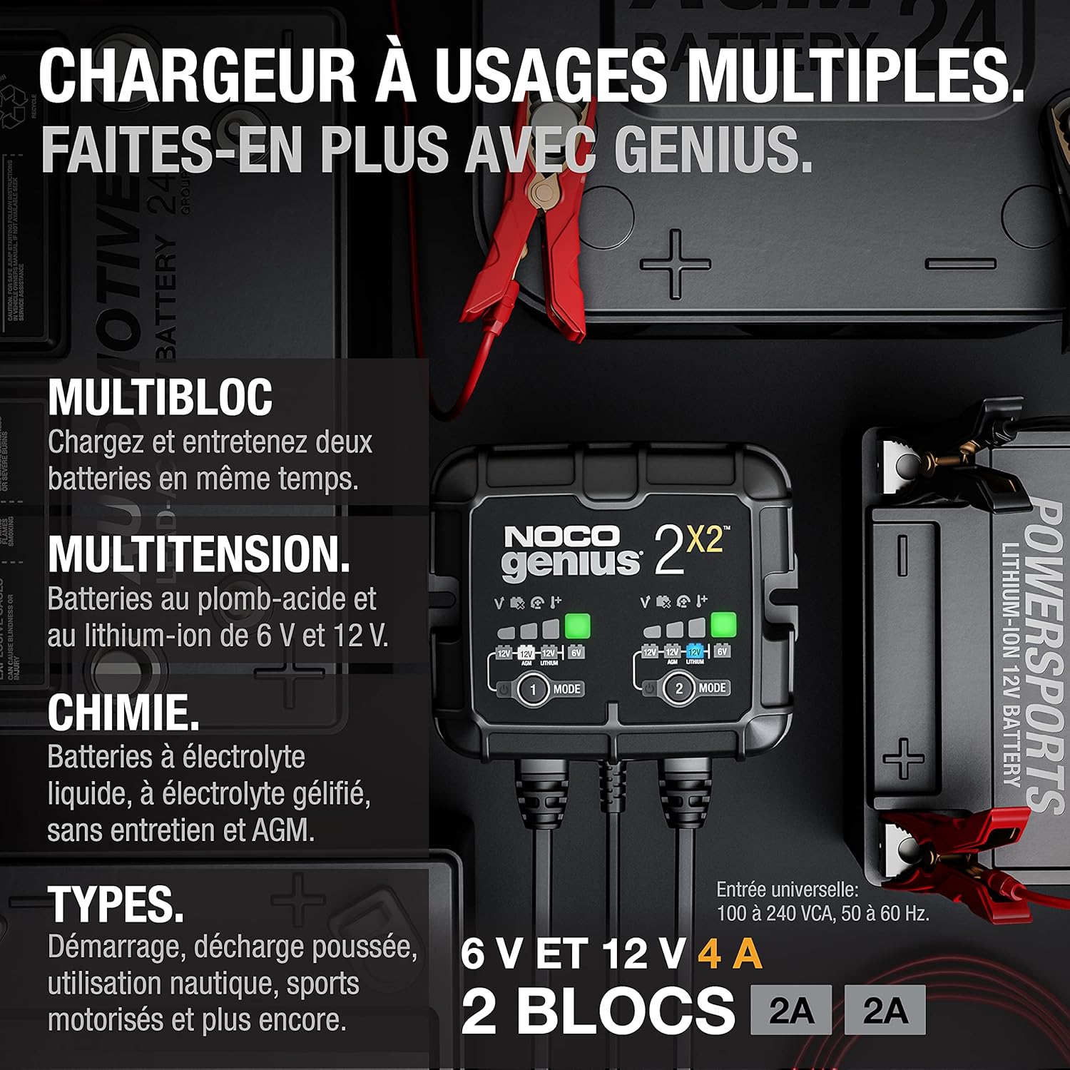 GENIUS2X2 : Chargeur de Batterie Intelligent 4A 6V/12V (2 Bancs de 2A) – Maintien Automatique, Charge Lente & Désulfateur – Protection Surcharge & Compensation Thermique – Plomb & Lithium