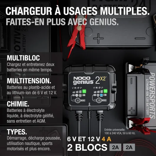 GENIUS2X2 : Chargeur de Batterie Intelligent 4A 6V/12V (2 Bancs de 2A) – Maintien Automatique, Charge Lente & Désulfateur – Protection Surcharge & Compensation Thermique – Plomb & Lithium