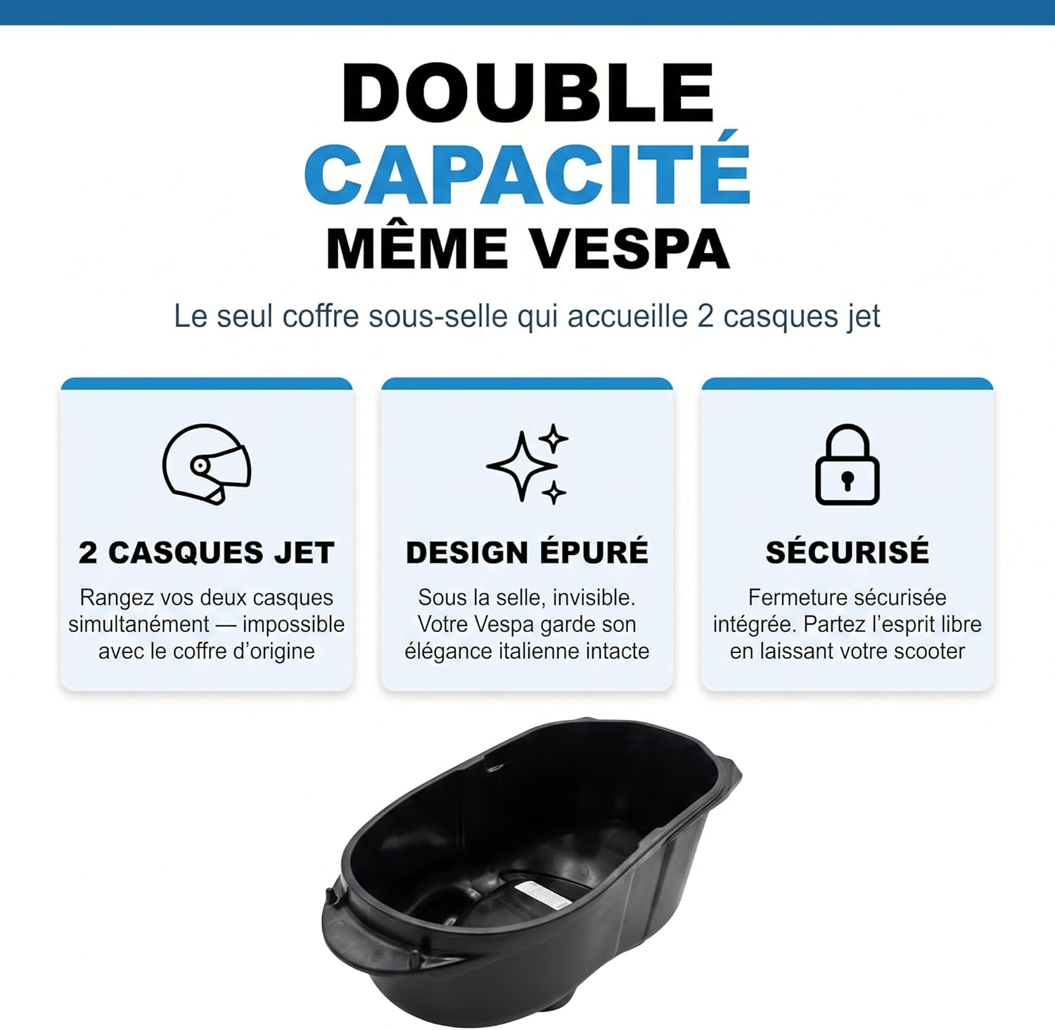BIG Box Scooter – Coffre sous Selle Grande capacité Vespa GTS 125/300/310 & GTV 300/310 – Rangement 22L 2 Casques Jet – Remplacement bac d’Origine – Installation Rapide – Alternative Top Case arrière