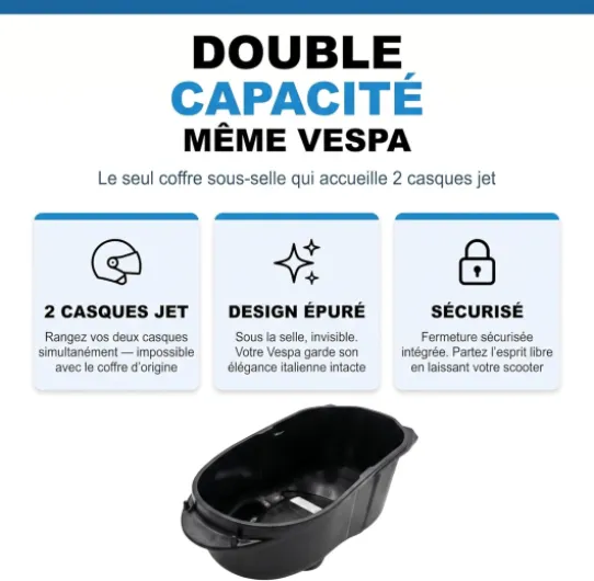 BIG Box Scooter – Coffre sous Selle Grande capacité Vespa GTS 125/300/310 & GTV 300/310 – Rangement 22L 2 Casques Jet – Remplacement bac d’Origine – Installation Rapide – Alternative Top Case arrière