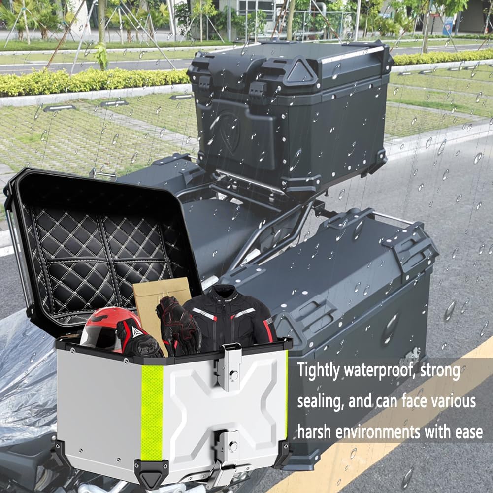 Top Case Scooter Imperméable en Aluminium pour Moto - Valise avec Serrure de Sécurité, Dossier et Base à Dégagement Rapide pour Casque et Bagages (X-Black, 45L) X-black 45 l