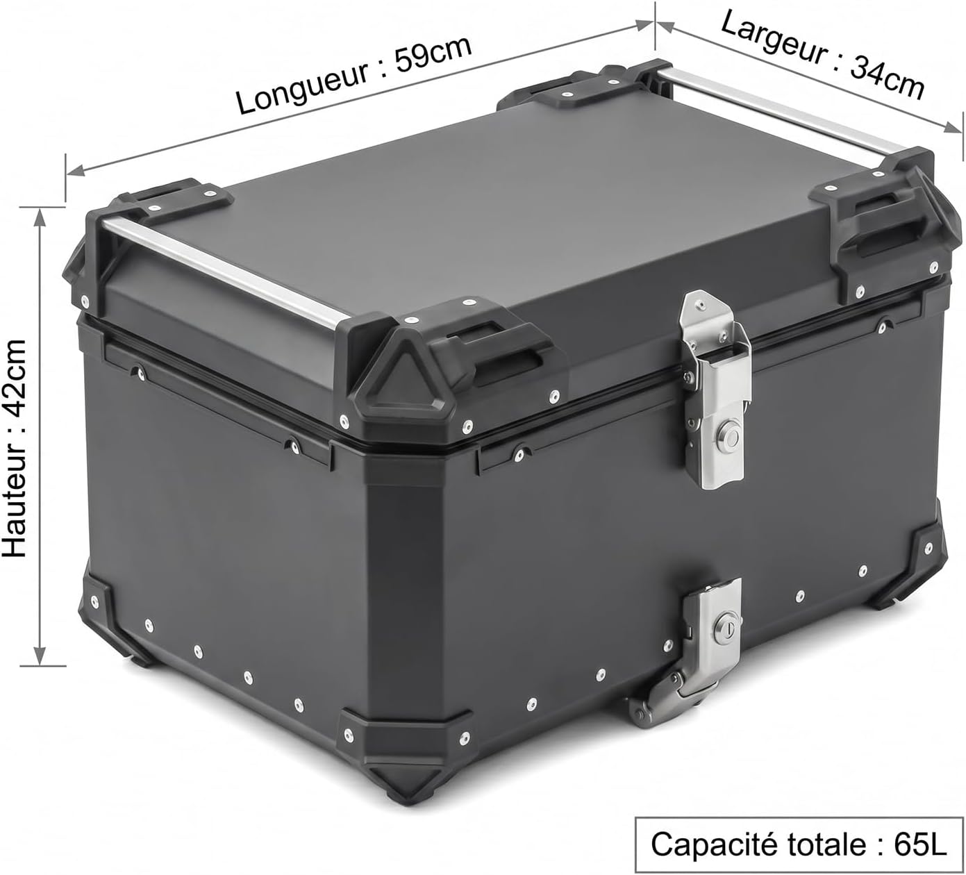 Top Case Moto 65L en Alliage d’Aluminium - Coffre Arrière Universel Étanche pour Moto & Scooter - Valise de Rangement Grande Capacité (2 Casques) Doublure Intérieure Premium Serrure de Sécurité 65 litres