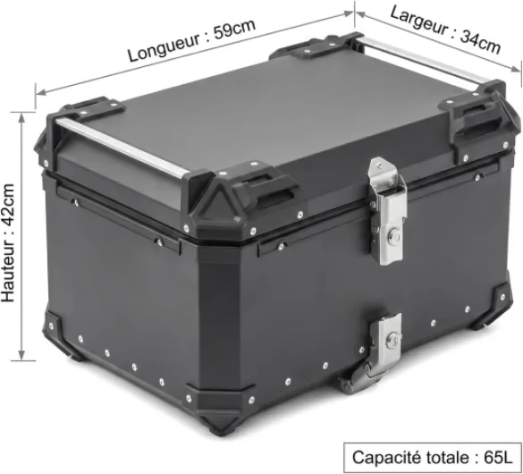 Top Case Moto 65L en Alliage d’Aluminium - Coffre Arrière Universel Étanche pour Moto & Scooter - Valise de Rangement Grande Capacité (2 Casques) Doublure Intérieure Premium Serrure de Sécurité 65 litres