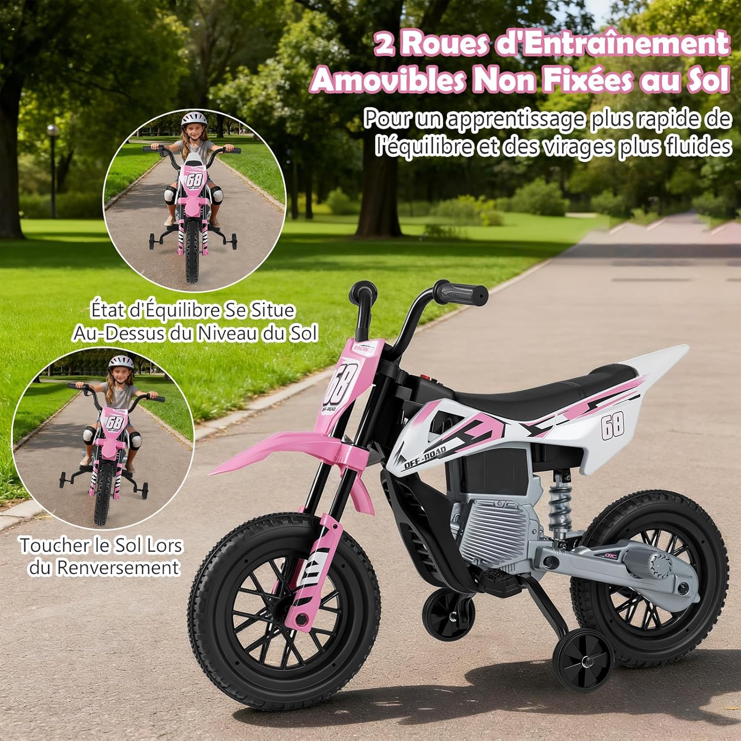 12V Moto Électrique Enfant avec Roues d'Entraînement & Batterie Amovibles, Voiture Électrique Enfant avec Suspension à Ressorts, Musique et Connexion sans Fil, 3-5 km/h, Charge 30 kg, 3-8 Ans Rose