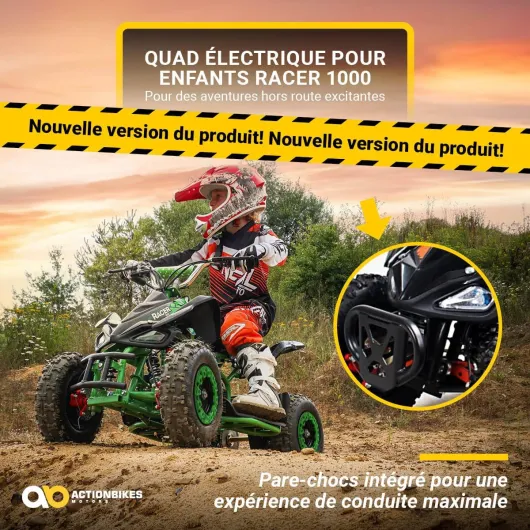 Actionbikes Motors Quad électrique Enfant ATV Racer - 𝟑𝟔 V 𝟏𝟎𝟎𝟎 W Jusqu’à 𝟐𝟒 𝐤𝐦/𝐡 - Mini Quad Enfant - Pocket Quad - système Safety Touch- dès 8 Ans (1000 W Noir/Bleu)