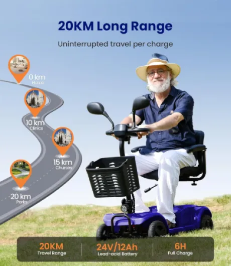 D42 Scooter de mobilité pliable bis 135KG,20KM scooter électrique 4 roues tout terrain avec bâche et panier,Scooter de mobilité stable avec pneus increvables, Support 5 ans- Bleu