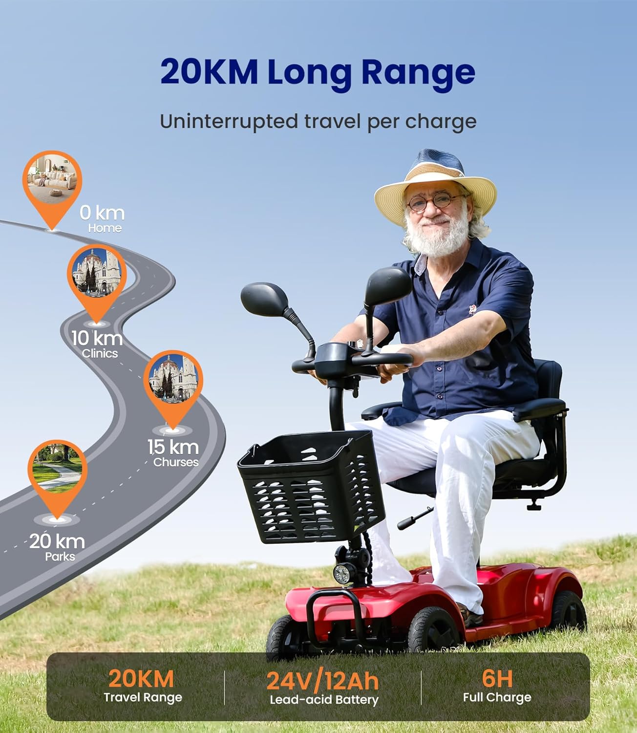 D42 Scooter de mobilité pliable bis 135KG,20KM scooter électrique 4 roues tout terrain avec bâche et panier,Scooter de mobilité stable avec pneus increvables, Support 5 ans- Rouge
