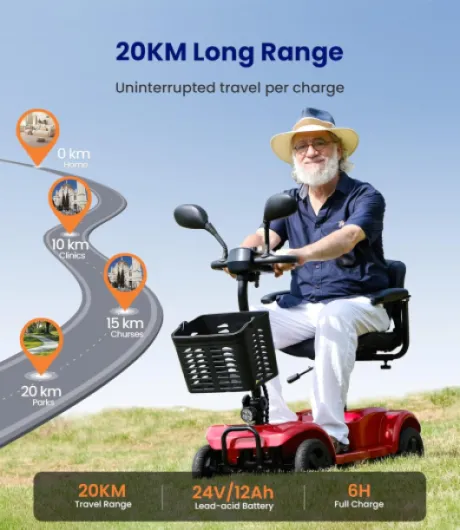 D42 Scooter de mobilité pliable bis 135KG,20KM scooter électrique 4 roues tout terrain avec bâche et panier,Scooter de mobilité stable avec pneus increvables, Support 5 ans- Rouge