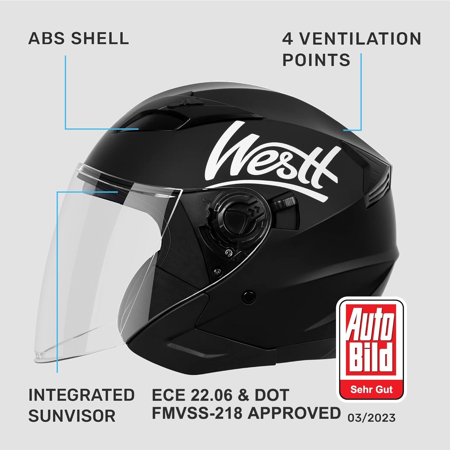 Casque Jet Casque Moto Homologué ECE 22.06 Homme et Femme avec visière Double Casque Scooter Electrique Adulte, Taille S-XL, Noir Mat, L(59-60cm) L (59-60 cm) Noir mat
