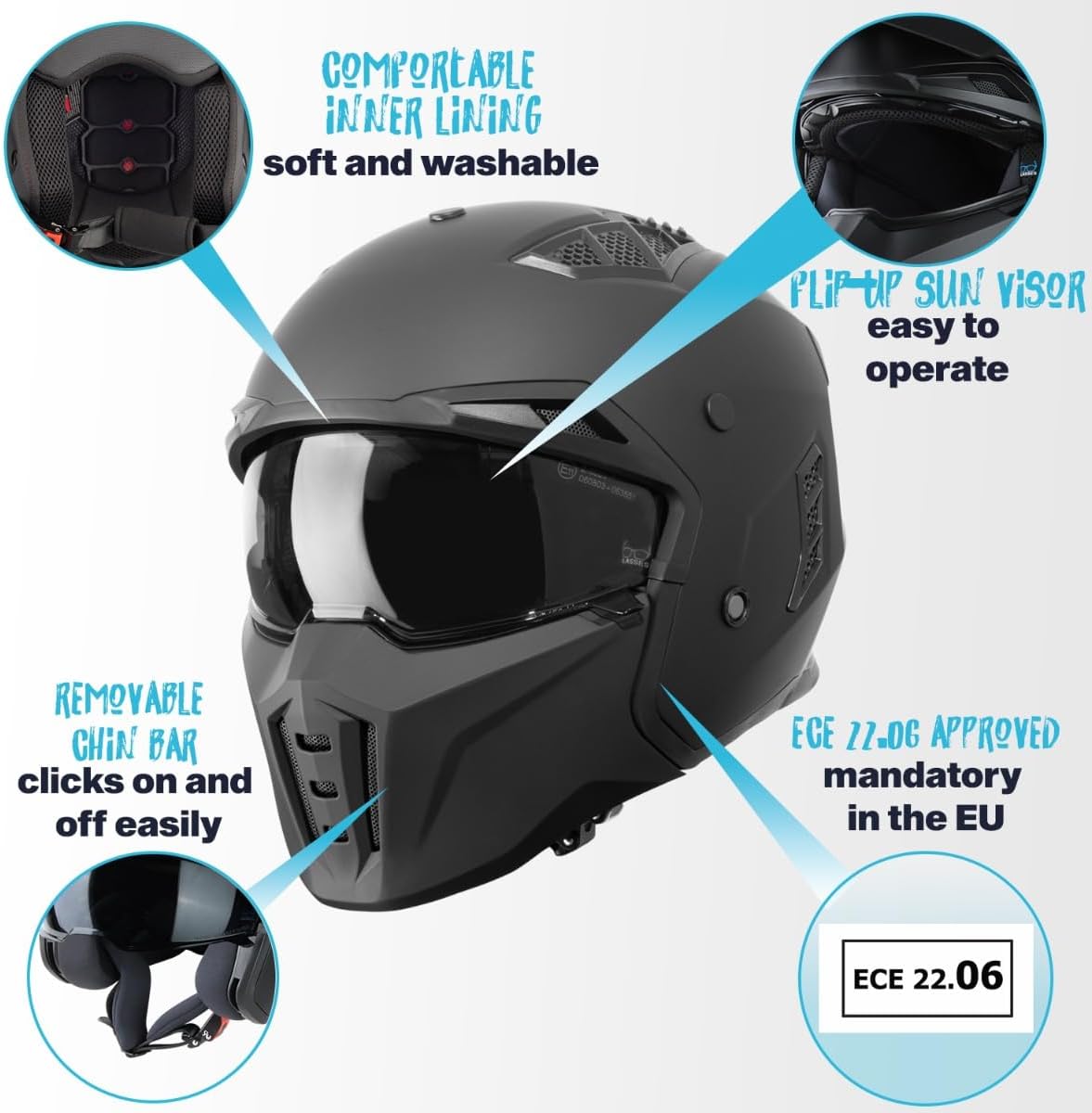 VINZ Kioto Casque Jet / Casque Streetfighter - Homologué ECE 22.06 - Casque de Scooter avec visière Solaire / Pare-Soleil - Casque Jet avec mentonnière Amovible Noir Mat Shuto M (57 - 58 cm)